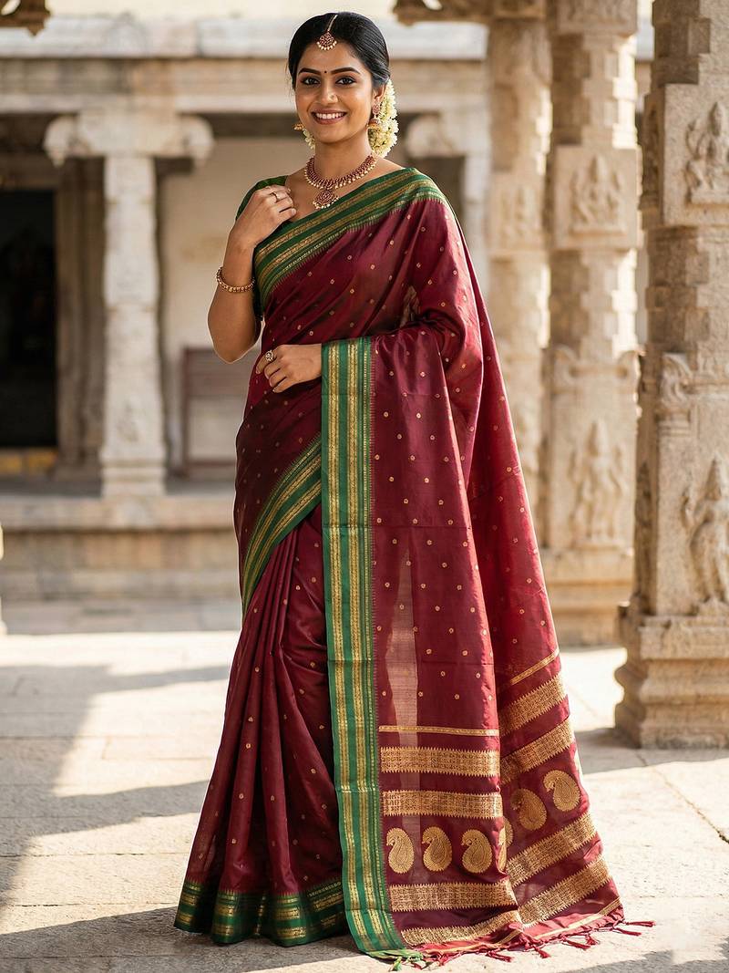 The regal ruby: deep maroon soft silk saree with contrast emerald green border