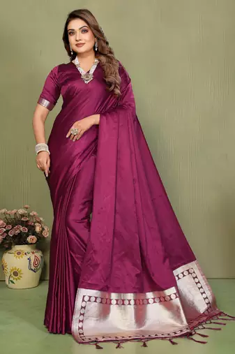Wine Color Hand Dyed With Zari Woven Satin Silk Saree