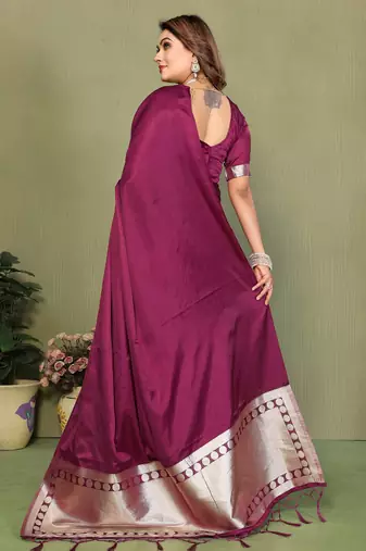 Wine Color Hand Dyed With Zari Woven Satin Silk Saree