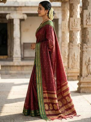 The regal ruby: deep maroon soft silk blend saree with contrast emerald green border 2