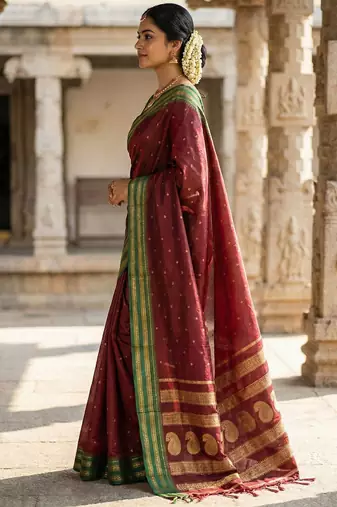 The regal ruby: deep maroon soft silk blend saree with contrast emerald green border