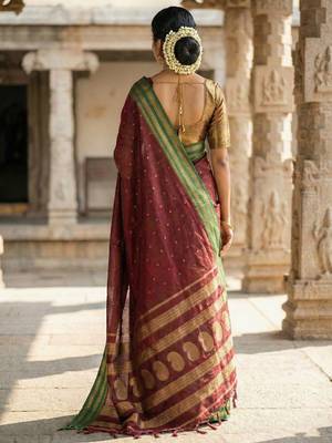 The regal ruby: deep maroon soft silk blend saree with contrast emerald green border 3