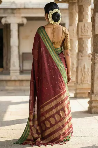The regal ruby: deep maroon soft silk blend saree with contrast emerald green border