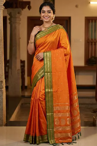 The sunset glow: vibrant orange soft silk saree with contrast green zari border