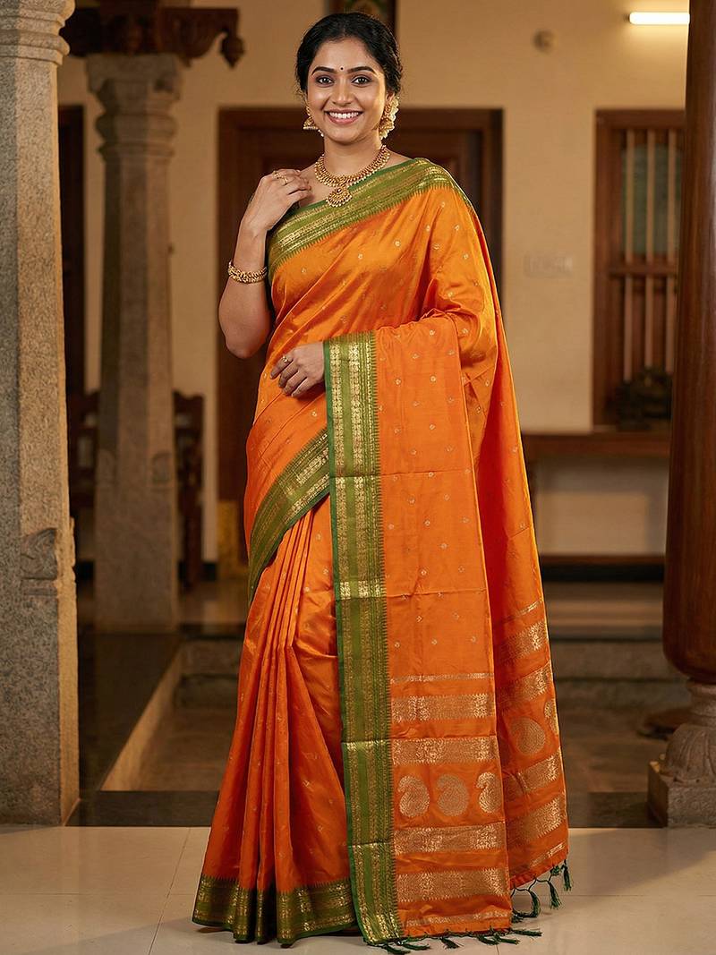 The sunset glow: vibrant orange soft silk saree with contrast green zari border