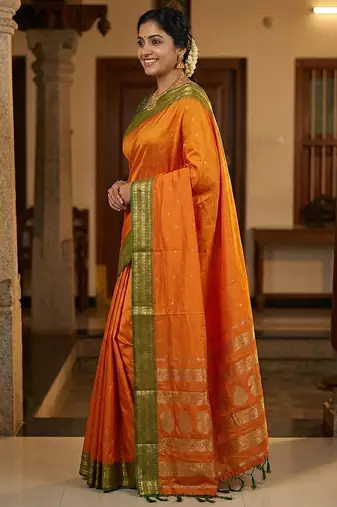 The sunset glow: vibrant orange soft silk blend saree with contrast green zari border