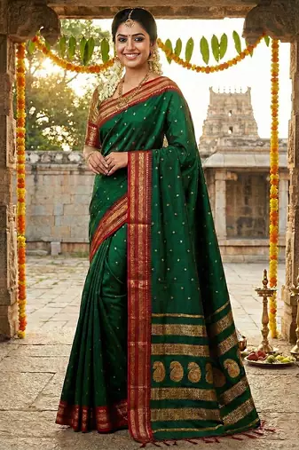 The emerald empress: dark green soft silk saree with rich crimson red zari border