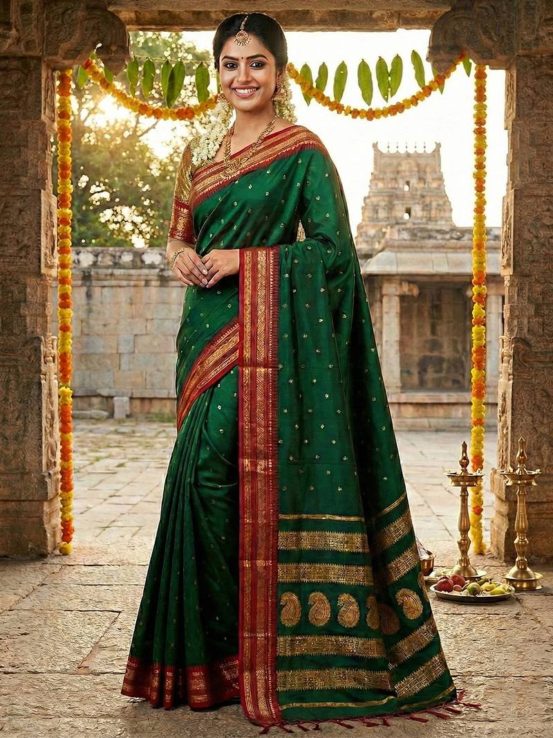 The emerald empress: dark green soft silk saree with rich crimson red zari border