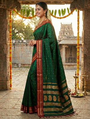 The emerald empress: dark green soft silk blend saree with rich crimson red zari border 2