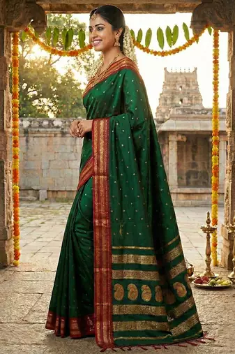 The emerald empress: dark green soft silk blend saree with rich crimson red zari border