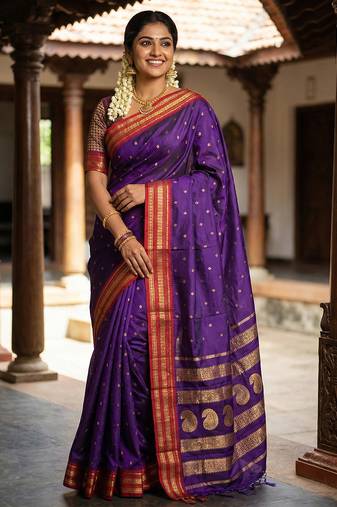 The majestic amethyst: royal purple soft silk saree with contrast red zari border