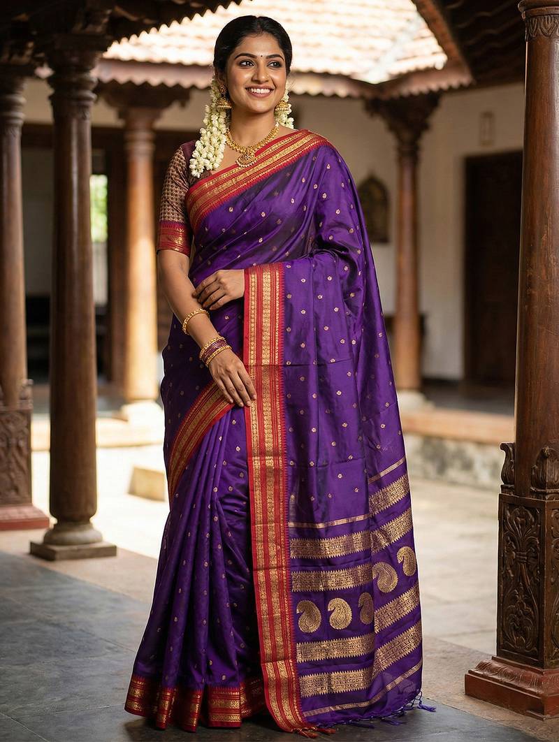 The majestic amethyst: royal purple soft silk saree with contrast red zari border