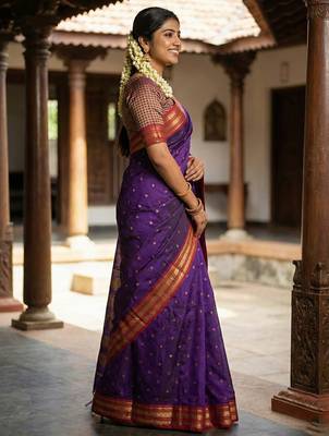 The majestic amethyst: royal purple soft silk blend saree with contrast red zari border 2