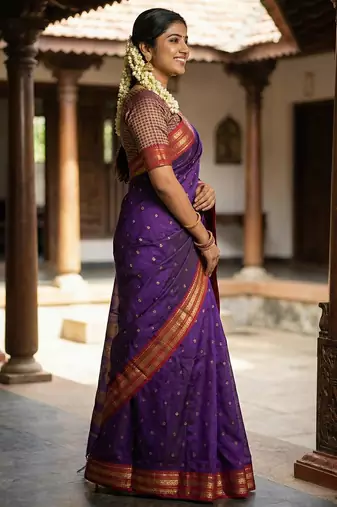 The majestic amethyst: royal purple soft silk blend saree with contrast red zari border