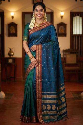 The peacock hue: teal blue soft silk saree with contrast red zari border