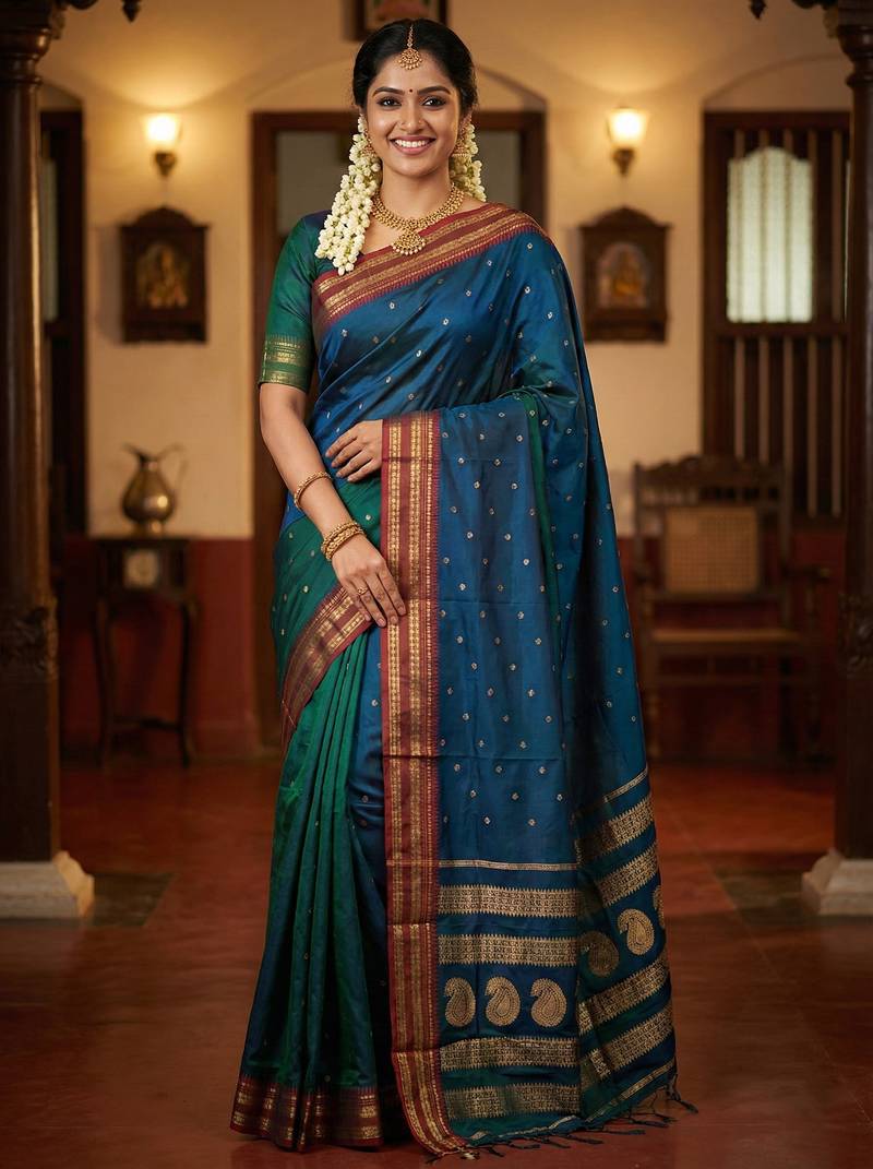 The peacock hue: teal blue soft silk saree with contrast red zari border