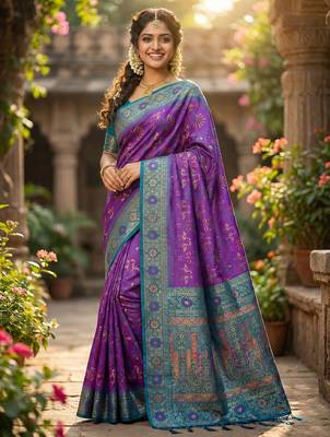woven banarasi , kanjivaram silk blend saree violet & blue - luxury ethnic party wear 1