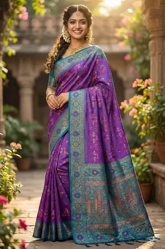 woven banarasi , kanjivaram silk blend saree violet & blue - luxury ethnic party wear