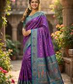woven banarasi , kanjivaram silk blend saree violet & blue - luxury ethnic party wear