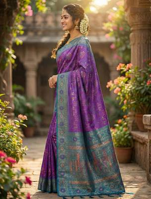 woven banarasi , kanjivaram silk blend saree violet & blue - luxury ethnic party wear 2