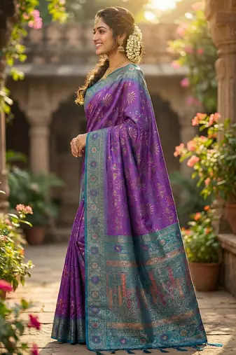 woven banarasi , kanjivaram silk blend saree violet & blue - luxury ethnic party wear