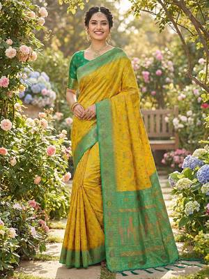 woven banarasi , kanjivaram silk blend saree yellow & green - traditional festive wear 1