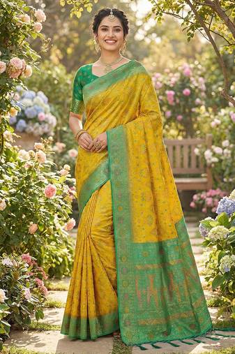 woven banarasi , kanjivaram silk blend saree yellow & green - traditional festive wear