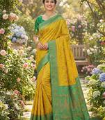 woven banarasi , kanjivaram silk blend saree yellow & green - traditional festive wear
