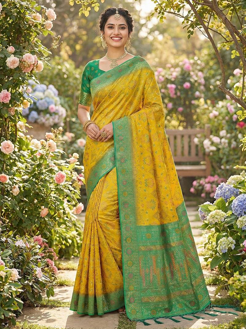 woven banarasi , kanjivaram silk blend saree yellow & green - traditional festive wear