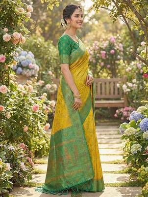 woven banarasi , kanjivaram silk blend saree yellow & green - traditional festive wear 2