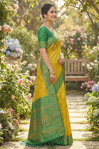 woven banarasi , kanjivaram silk blend saree yellow & green - traditional festive wear