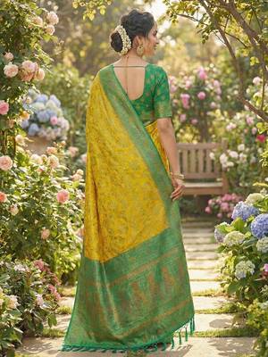 woven banarasi , kanjivaram silk blend saree yellow & green - traditional festive wear 3
