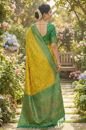 woven banarasi , kanjivaram silk blend saree yellow & green - traditional festive wear