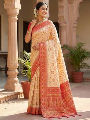 woven banarasi , kanjivaram silk blend saree off-white & red - classic cultural wear 1