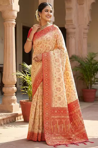 woven banarasi , kanjivaram silk blend saree off-white & red - classic cultural wear