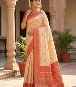 woven banarasi , kanjivaram silk blend saree off-white & red - classic cultural wear