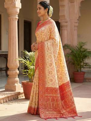 woven banarasi , kanjivaram silk blend saree off-white & red - classic cultural wear 2