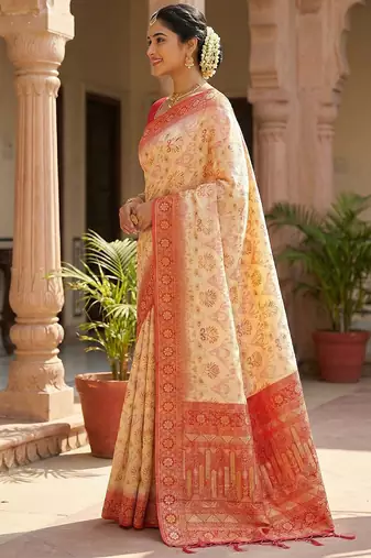 woven banarasi , kanjivaram silk blend saree off-white & red - classic cultural wear
