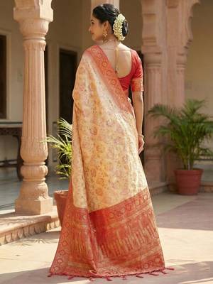 woven banarasi , kanjivaram silk blend saree off-white & red - classic cultural wear 3