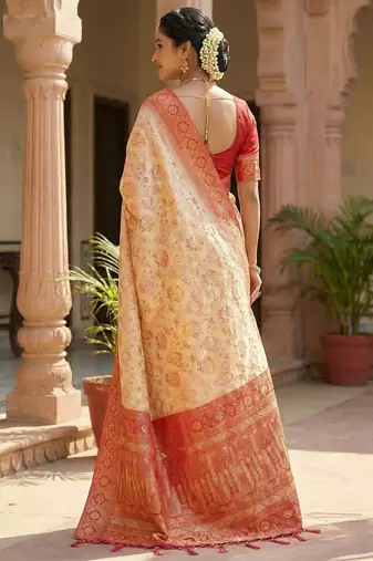 woven banarasi , kanjivaram silk blend saree off-white & red - classic cultural wear