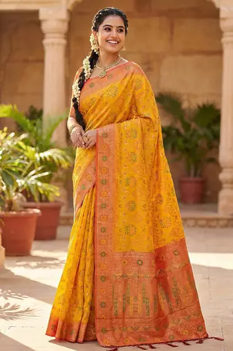 woven banarasi , kanjivaram silk blend saree mustard & orange - vibrant ethnic wear