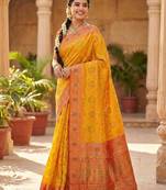 woven banarasi , kanjivaram silk blend saree mustard & orange - vibrant ethnic wear