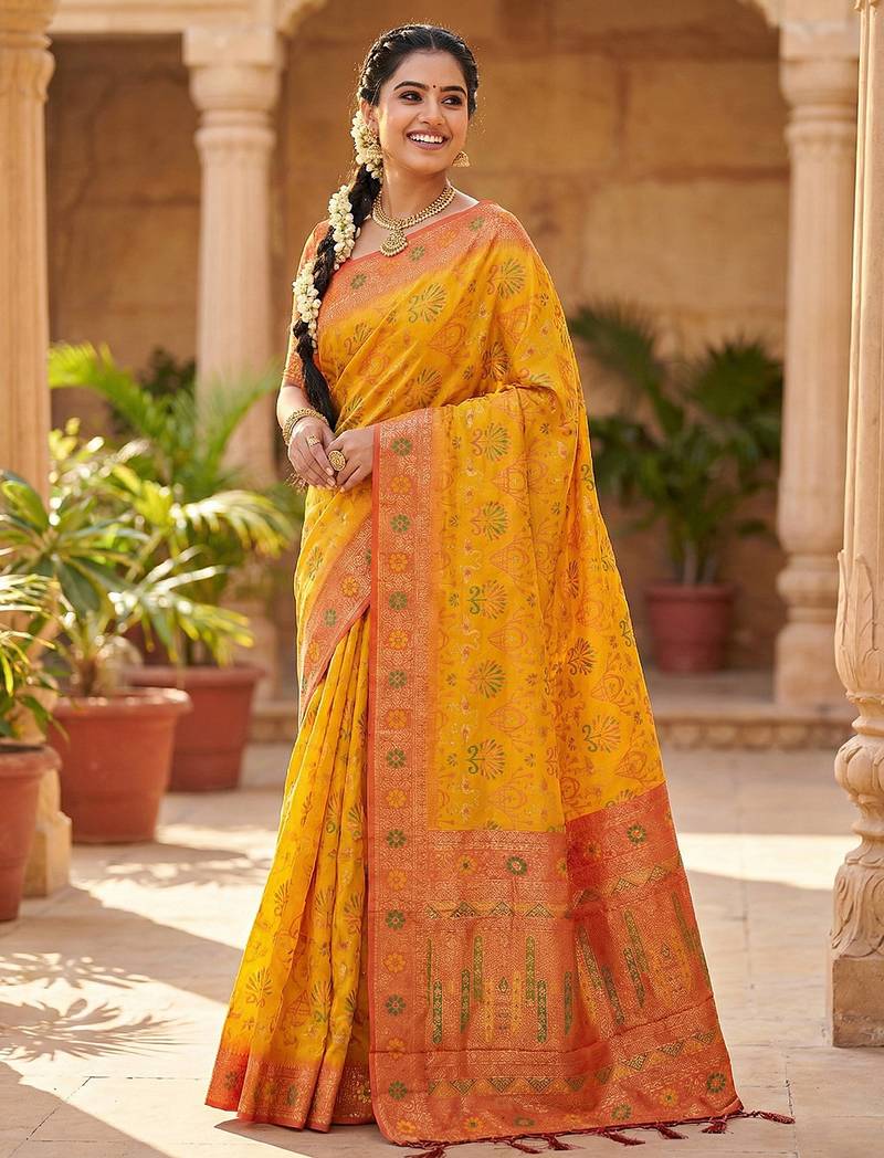 woven banarasi , kanjivaram silk blend saree mustard & orange - vibrant ethnic wear