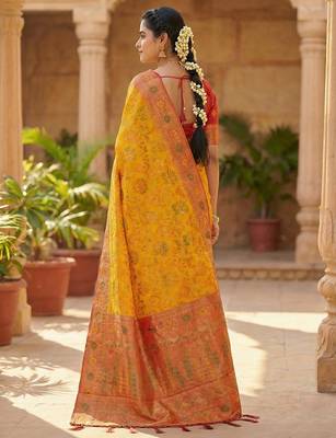 woven banarasi , kanjivaram silk blend saree mustard & orange - vibrant ethnic wear 2