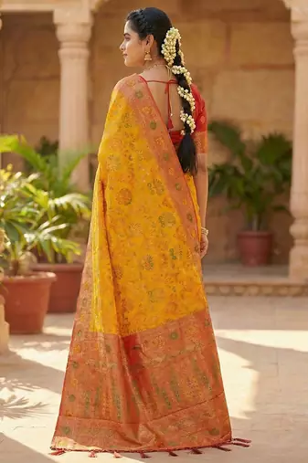 woven banarasi , kanjivaram silk blend saree mustard & orange - vibrant ethnic wear