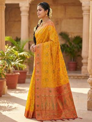 woven banarasi , kanjivaram silk blend saree mustard & orange - vibrant ethnic wear 3