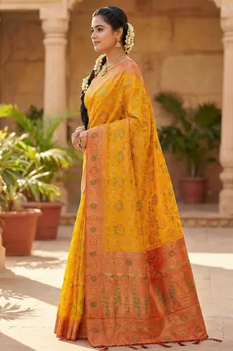 woven banarasi , kanjivaram silk blend saree mustard & orange - vibrant ethnic wear