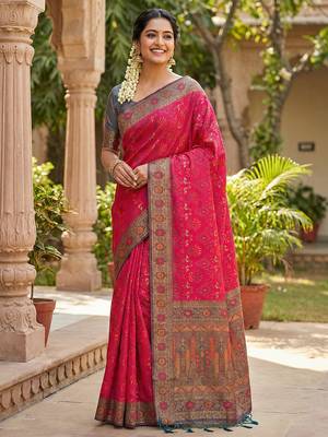 woven banarasi , kanjivaram silk blend saree pink & grey - stylish party wear 1