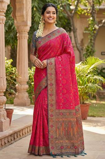 woven banarasi , kanjivaram silk blend saree pink & grey - stylish party wear