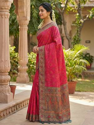 woven banarasi , kanjivaram silk blend saree pink & grey - stylish party wear 2